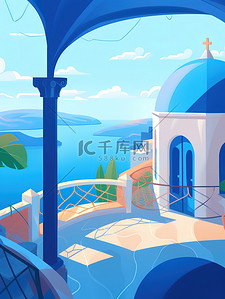 希腊酸奶插画图片_希腊旅行蓝白建筑插画14