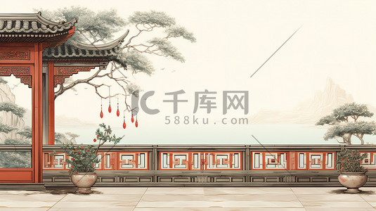 古典卷轴底色插画图片_中国古典工笔画古建筑插画9