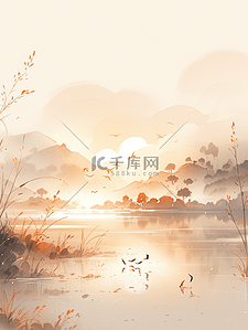中国风秋季唯美山水风景插画2