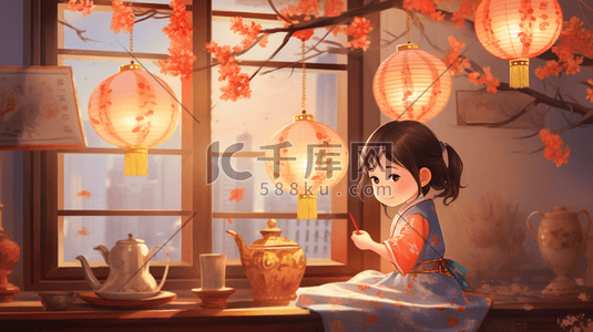 彩色中国风古典灯笼装饰唯美插画7