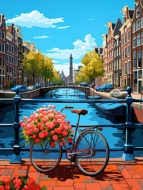 阿姆斯特丹多彩的房子旅游城市插画3