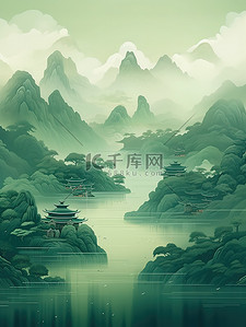 墨绿色绳子插画图片_宁静中国风山水墨绿色浅绿色21