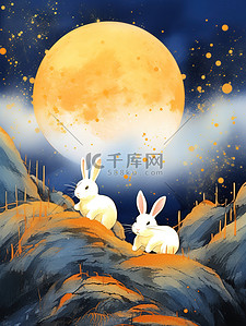鎏金兔子插画图片_满月下的兔子鎏金山水背景27