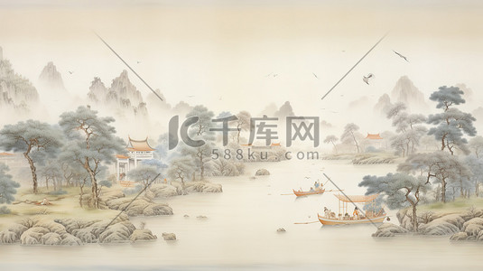 中国诗意插画图片_中国风诗意的景色宁静古建筑19