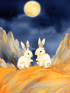 满月背景插画图片_满月下的兔子鎏金山水背景6