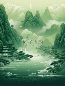 宁静中国风山水墨绿色浅绿色16