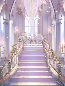 浪漫城堡插画图片_浅紫色浪漫城堡宫殿楼梯插画13
