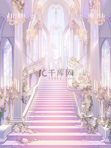浪漫城堡插画图片_浅紫色浪漫城堡宫殿楼梯插画12