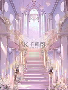浅紫色浪漫城堡宫殿楼梯插画16