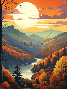 红叶海报插画图片_秋天森林山河旅游海报1