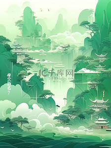 宁静中国风山水墨绿色浅绿色10