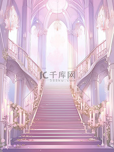 浪漫城堡插画图片_浅紫色浪漫城堡宫殿楼梯插画2