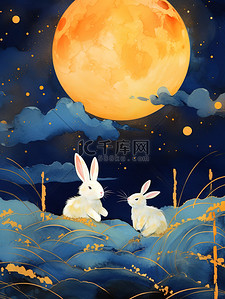 满月下的兔子鎏金山水背景23