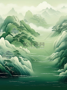 墨绿色花插画图片_宁静中国风山水墨绿色浅绿色2