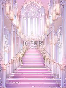 浪漫城堡插画图片_浅紫色浪漫城堡宫殿楼梯插画1