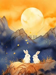 满月下的兔子鎏金山水背景13