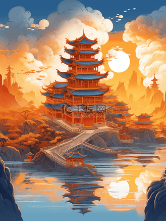 国潮风红日阁楼美景插画
