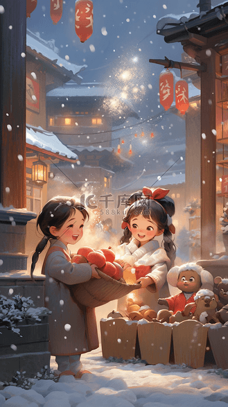 冬季日落高清背景图片_春节新年热闹的集市看烟花场景插画