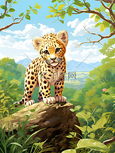 张嘴的豹子插画图片_森林里的一只可爱的小豹11