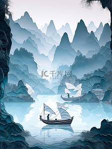 山川河流小船插画图片_中国风水墨山水插画18