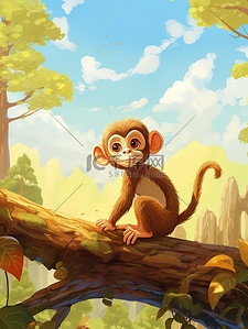 拿着棍子的猴子插画图片_森林里的一只可爱的小猴子10
