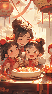 过年氛围插画图片_新年春节一家人吃团圆饭场景