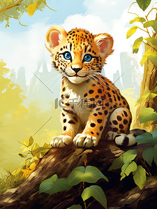 张嘴的豹子插画图片_森林里的一只可爱的小豹8