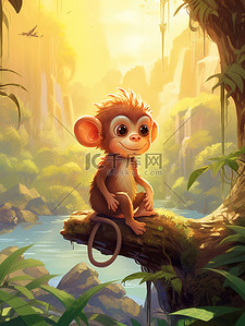 趴着的猴子插画图片_森林里的一只可爱的小猴子14