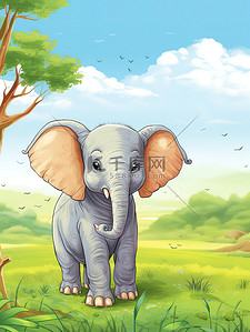 草原上可爱的小象儿童插画3