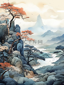 中国风山水画松树高山水彩画10