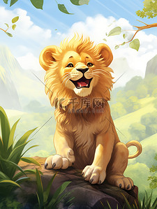 一本正经的动物插画图片_丛林中的一只可爱的小狮子2