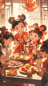 过年氛围插画图片_新年春节一家人吃团圆饭手绘