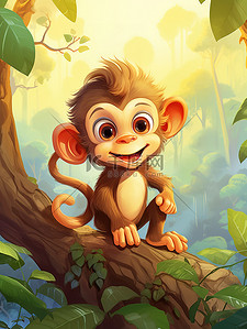 一本正经插画图片_森林里的一只可爱的小猴子1