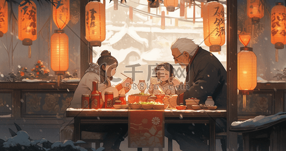 新年春节一家人吃团圆饭手绘插画