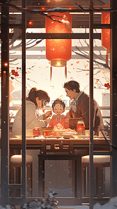 龙年吃插画图片_新年春节一家人吃团圆饭手绘场景插画