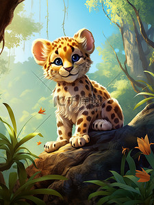 豹子线稿插画图片_森林里的一只可爱的小豹13