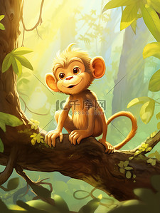 拿着棍子的猴子插画图片_森林里的一只可爱的小猴子17