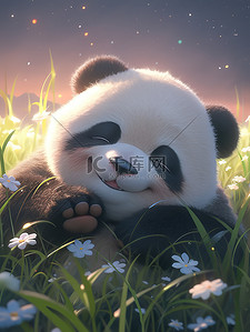 可爱熊猫草地上大笑16