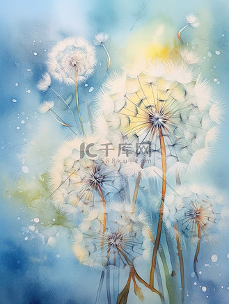 水彩画蒲公英蓝色背景插画20