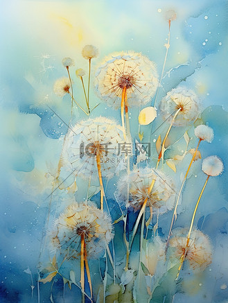 水彩画蒲公英蓝色背景插画18