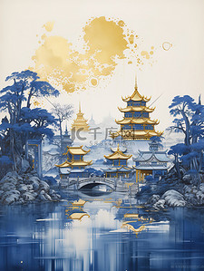 14k金色插画图片_中国山水画诗意的绘画哑光蓝色14