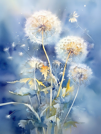 蓝色水彩画图片素材_水彩画蒲公英蓝色背景插画6