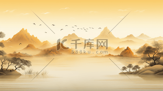 中国风山水画插画图片_金色秋季中国风山水画插画20