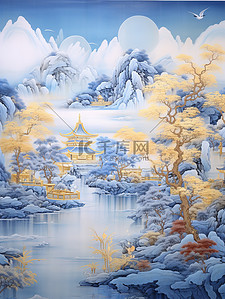 金色山水画插画图片_中国山水画诗意的绘画哑光蓝色7