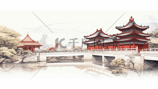 手绘中国古代建筑插画图片_手绘中国古代建筑插画8