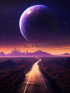 紫色花路插画图片_一条梦幻太空之路行星11