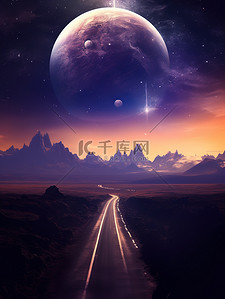 紫色花路插画图片_一条梦幻太空之路行星5