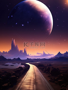 紫色花路插画图片_一条梦幻太空之路行星18