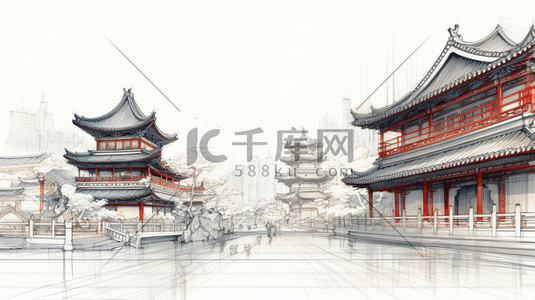 手绘中国古代建筑插画图片_手绘中国古代建筑插画17