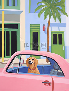 坐车狗插画图片_一只狗坐车粉色的车里旅行18